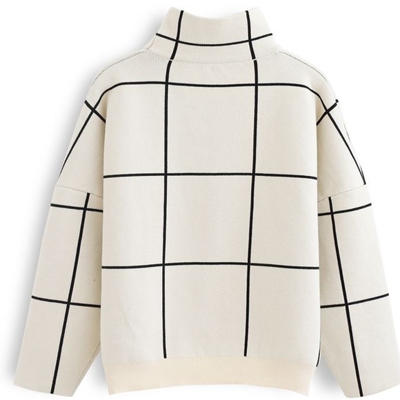 Chic Wish Drop Shoulder Wool Mock Neck Sweater Grid Turtleneck Windowpane - Picture 7 of 15